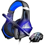 BENGOO GM-5 Stereo Gaming Headset for Xbox One, PS4, PC with Mouse, Noise Cancelling Over Ear Headphones with Mic, LED Light, Gaming Mouse Wired with 3200 DPI Adjustable and 6 Programmed Buttons