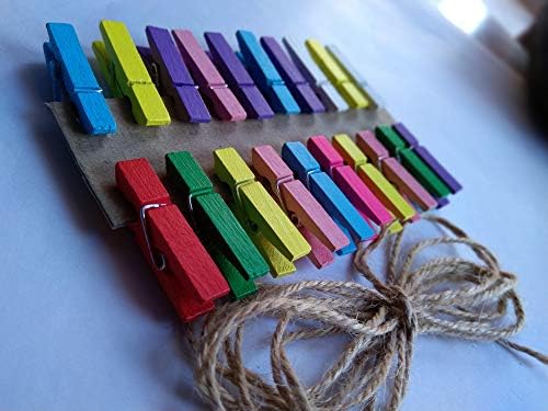 Tickright Mini Multicolor Wooden Photo Clips with Rope, 3.5 cm (Pack of 20Pcs) (Colored Clips)
