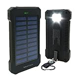 MeliTech Portable Solar Charger Waterproof Mobile Power Bank 20000mAh External Backup Battery Dual USB 5V 1A/2A Output With LED Flashlight and Compass For Phones Tablet Camera iPhone Samsung (Black)