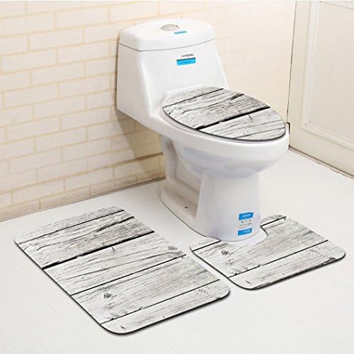 3pc Toilet Seat Cover Set , YOYOUG Creative Wood Pattern Non Slip Toilet Seat Cover and Rug Bathroom Set Washroom Decor (Floor Rug + Lid Toilet Cover+ Bath Mat ) (B)