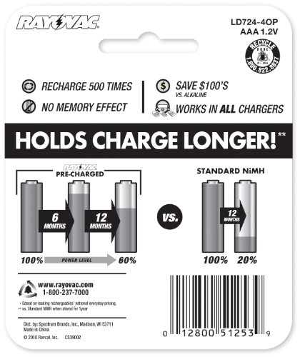RAYOVAC AAA 4-Pack RECHARGEABLE Batteries, LD724-4OP GENE
