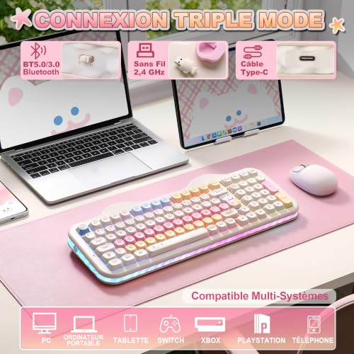 YUNZII C98 FR French AZERTY 100 Keys PBT Mechanical Wireless Gaming Keyboard with Numeric Keypad, Bluetooth/2.4GHz/USB‑C Wired, RGB, Gasket, Cake Theme for Windows/Mac (Beige, Milk V2 Switch)