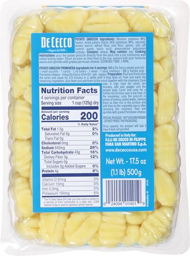 DE CECCO POTATO GNOCCHI NO. 401, 17.5 OZ (PACK OF 4), AUTHENTIC ITALIAN DUMPLINGS, MADE WITH POTATOES AND WHEAT FLOUR, VERSATILE PASTA FOR SAUCES & RECIPES, MADE IN ITALY
