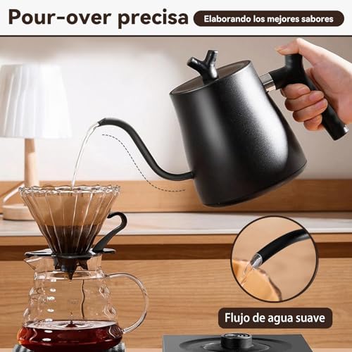 Tetera Eléctrica de Acero Inoxidable 304 con Cuello de Cisne,Electrica de 7 Modos de Temperatura,Hervidor de Agua Eléctrico con Apagado Automático,1000W Calentamiento Rápido,1 L para Preparar Café,Té