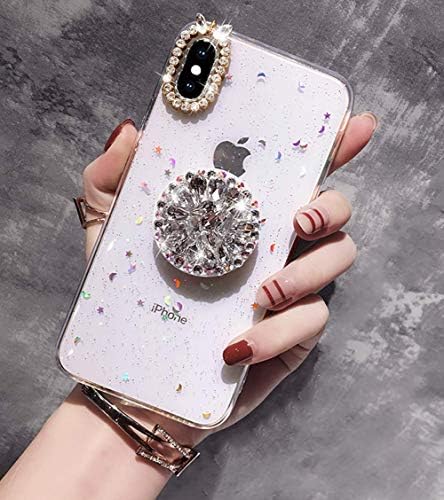 KeKeYM for iPhone 7 Plus Case Stars, Luxury Diamond Soft Rubber Bumper Bling Glitter Crystal Star & Moon with Airbag Stand Holder for Girls (Clear, for iPhone 8 Plus iPhone 7 Plus 5.5 inch)