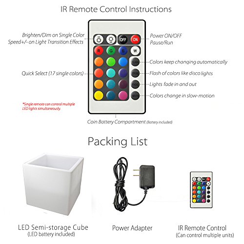 Mr.Go Outdoor/Indoor Rechargeable LED Light SEMI-STORAGE CUBE 16", Cordless with Remote Control RGB Color Changing Glowing Furniture Cabinet Container End Table Ice Bucket Flower Pot Planter