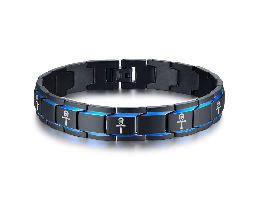 2-tone Black Blue Stainless Steel Ankh Cross Engraved Link Bracelet Egyptian Life Symbol jewellery Men Boys Good Luck Protection jewellery