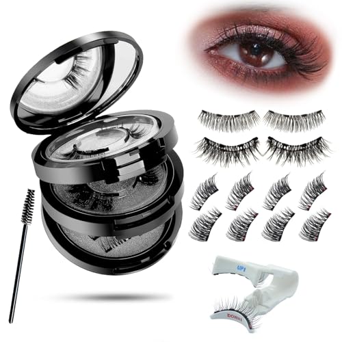 Magnetic False Eyelashes Natural Look with Applicator, Full Lashes and 3/4 Templates, Reusable Magnetic False Eyelashes No Glue or Eyeliner, Upgraded Version 4 Magnets