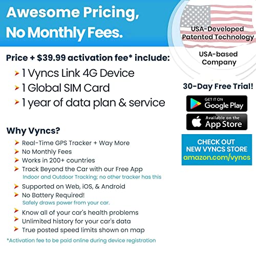 Vyncs GPS Tracker for Vehicles, [No Monthly Fee], 4G LTE, Vehicle