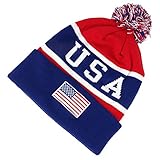 USA American Flag Emroidered Pom Pom Beanie Hat - Navy Red