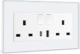 BSEED 2 Gang UK 13A Socket with USB C & USB A Ports White Glass Panel