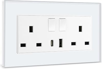 BSEED 2 Gang UK 13A Socket with USB C & USB A Ports White Glass Panel