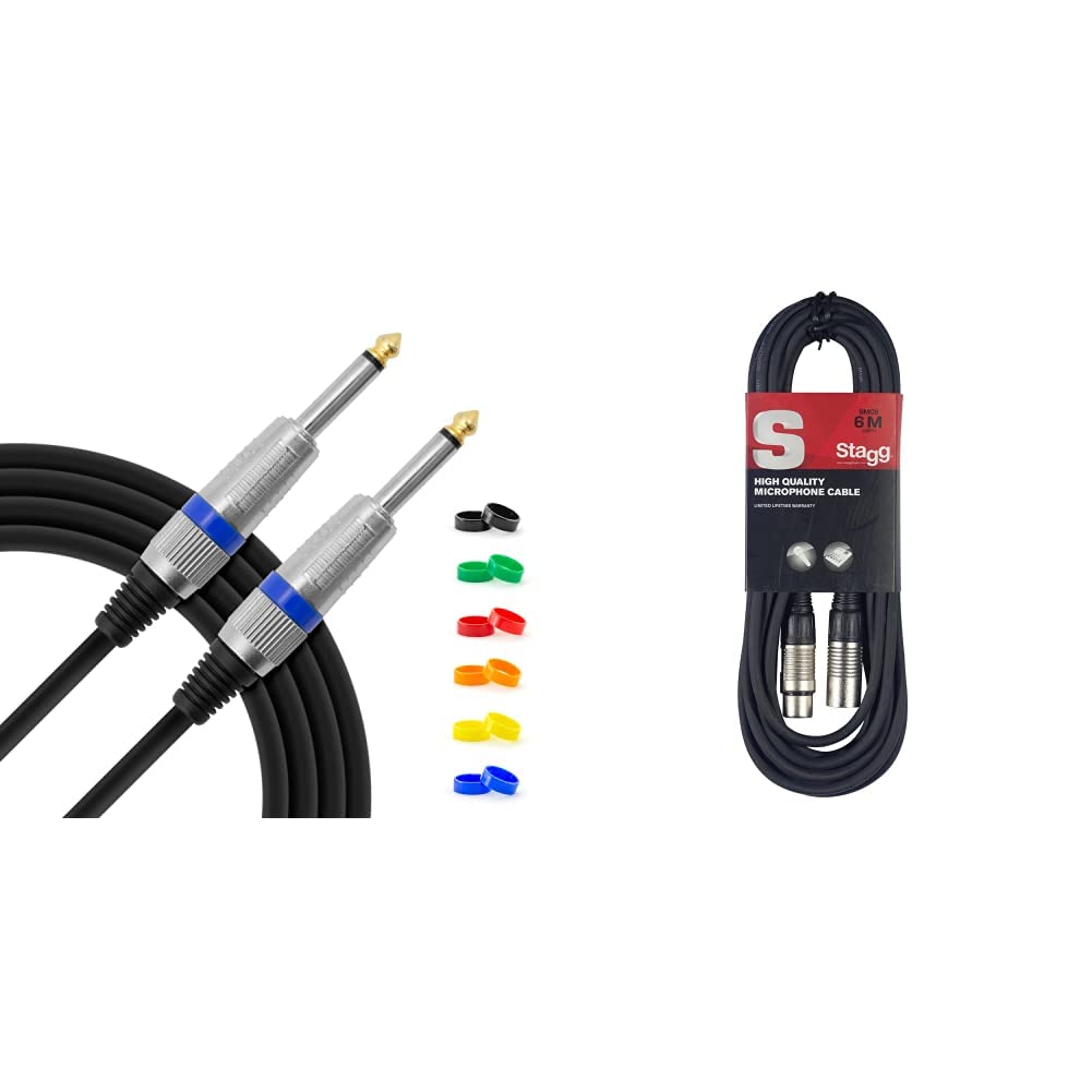 TIGER GTC4-06 6 Metre 20 Foot - 6.35mm 1/4 Inch Jack to Jack Lead Guitar Instrument Cable with Interchangeable Coloured Loops
