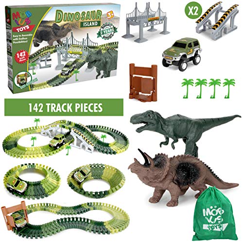 Dinosaur World Race Tracks - 142 Piece Playset, Toy Slot Car & 2 Dinosaur Toys + Storage Bag - Create a Jurassic Road Park Track with Bridge and Gate, for All Kids, Boys & Girls - Thumbnail 2