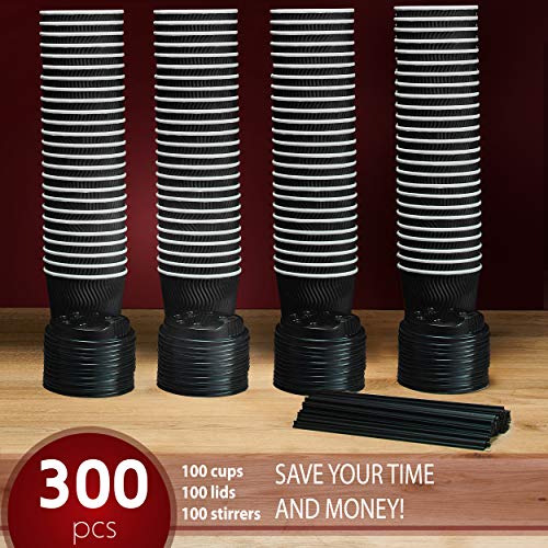 Insulated Disposable Coffee Cups with Lids & Straws 12 oz, 100 Packs - Paper Cups for Hot Beverage Drinks To Go Tea Coffee Home Office Car Coffee Shop Party - FDA Approved (black) - Thumbnail 5