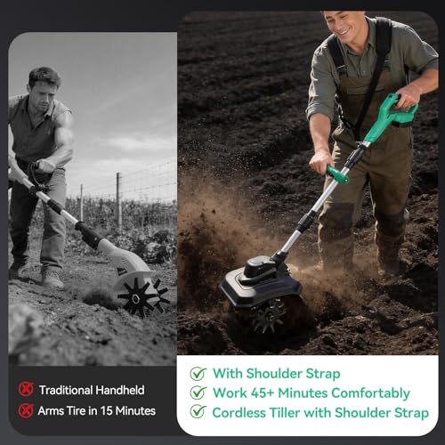 Battery Tiller with Shoulder Strap & Digital Display | Brushless Motor 500W | Width 23 cm | Compatible Makita Batteries 18 V & DeWalt 20 V | Cordless Electric Motorcycle 21 V