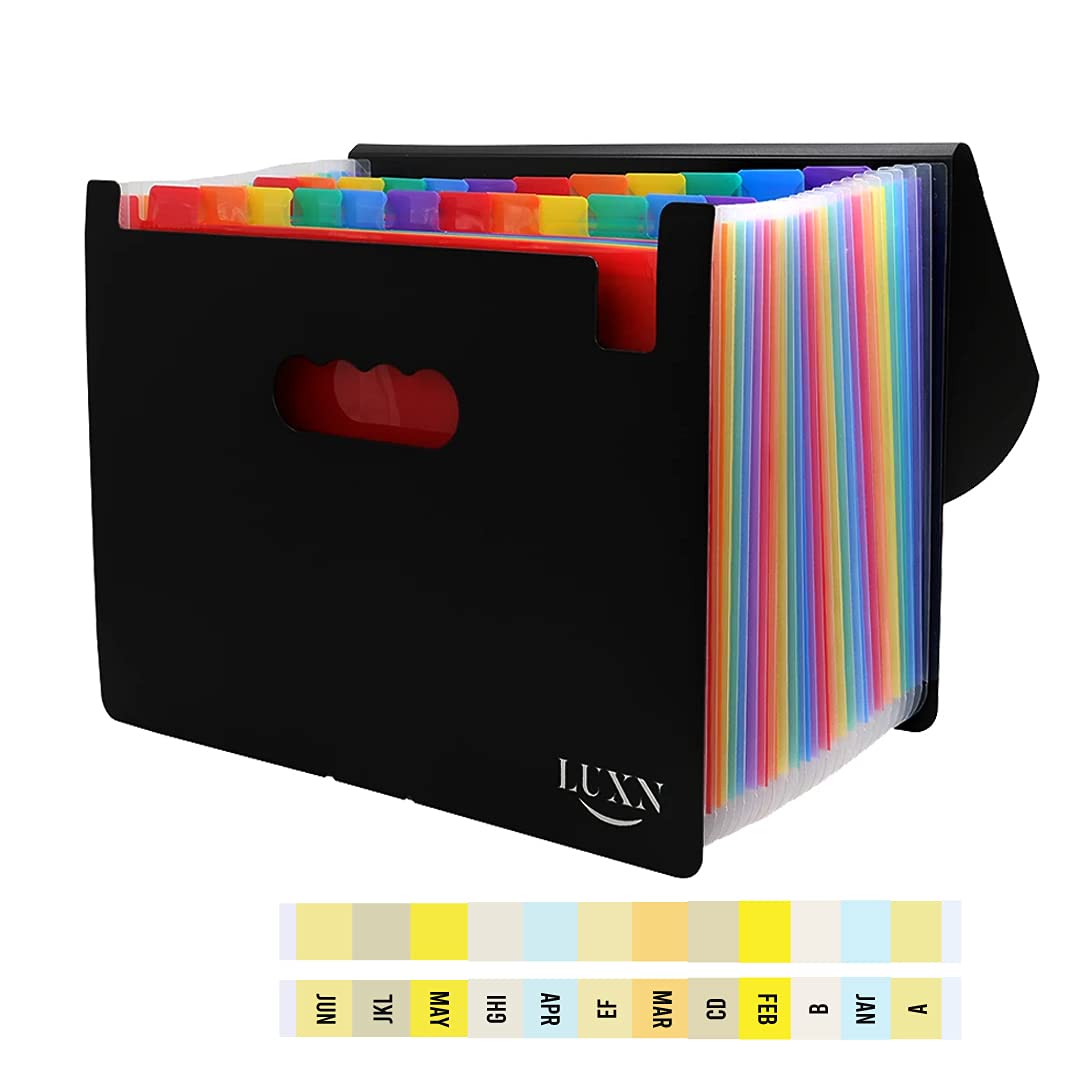 LUXN File Organiser 24 Pockets Expanding File Folder with Lid and Rainbow Colour Labels, A4 Size Accordion Folder, Document Organiser for Your Documents Storage (24 Pockets)