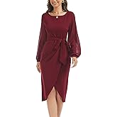 HELYO Women's Elegant V-Back Chiffon Long Sleeve Sheath Dresses Belted Ruched Casual Work Cocktail Party Midi Dress