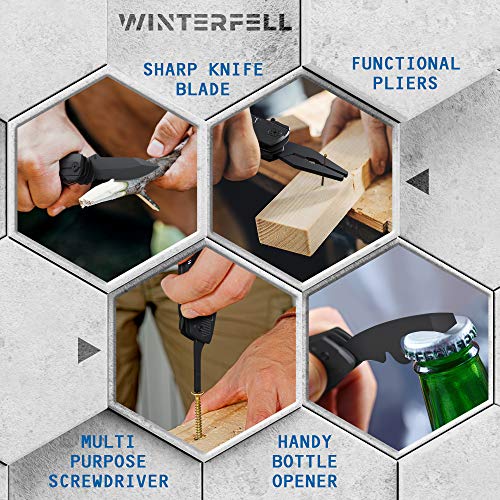 Multitool Knife by Winterfell - Multipurpose Folding Pocket Knife Kit - Durable Stainless Steel - Includes 9-in-1 Bit Set, Pouch, Bottle Opener, Plier, Saw Blade - Outdoor Survival Multi Tool (Black)