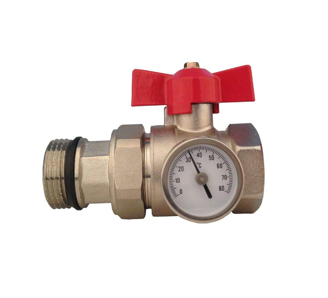 1'' UNDERFLOOR HEATING MANIFOLD BALL VALVE WITH THERMOMETER RED BLUE HANDLE (RED)