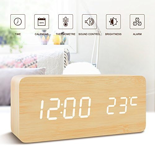 Office Desk Clock-FiBiSonic Black Wooden Clock White LED Digital Voice/Touch Control Desk Silent Modern Style Snooze Alarm Clock with Thermometer, Best Gifts for Friends/Families (Bamboo White)