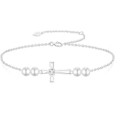 SISGEM 10k Gold Cross Bracelet for Women, Created Moissanite and Freshwater Cultured Pearl Religious Jewelry for Her, 6.8-8.4 Inches