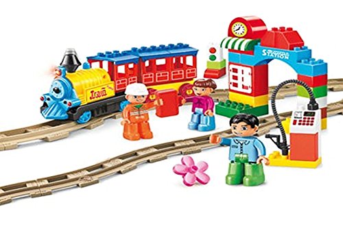 Motorized Train Set and Tracks Building Blocks 53pcs - Battery Operated - Compatible with Lego Duplo Train Set Parts
