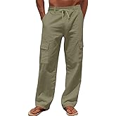 TAFLE Men's Linen Pants Casual Cargo Pants Elastic Drawstring Waist Straight-Legs Summer Yoga Beach Long Pants with Pockets