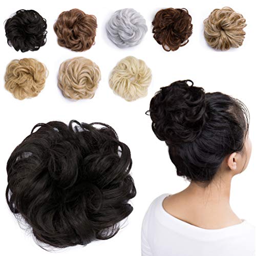 Messy Hair Bun Extensions Synthetic Updo Chignons Donut Elastic Bride Bun Ponytail Scrunchy Hairpiece Wig Accessory for Women 35g Black-Medium