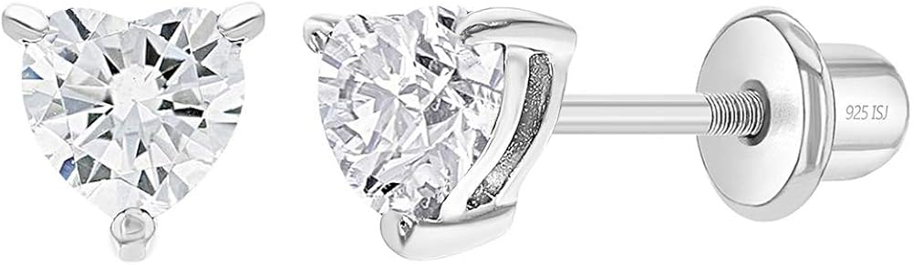925 Sterling Silver 4mm Toddler & Girl's Heart Cubic Zirconia Earrings with Safety Screw Back