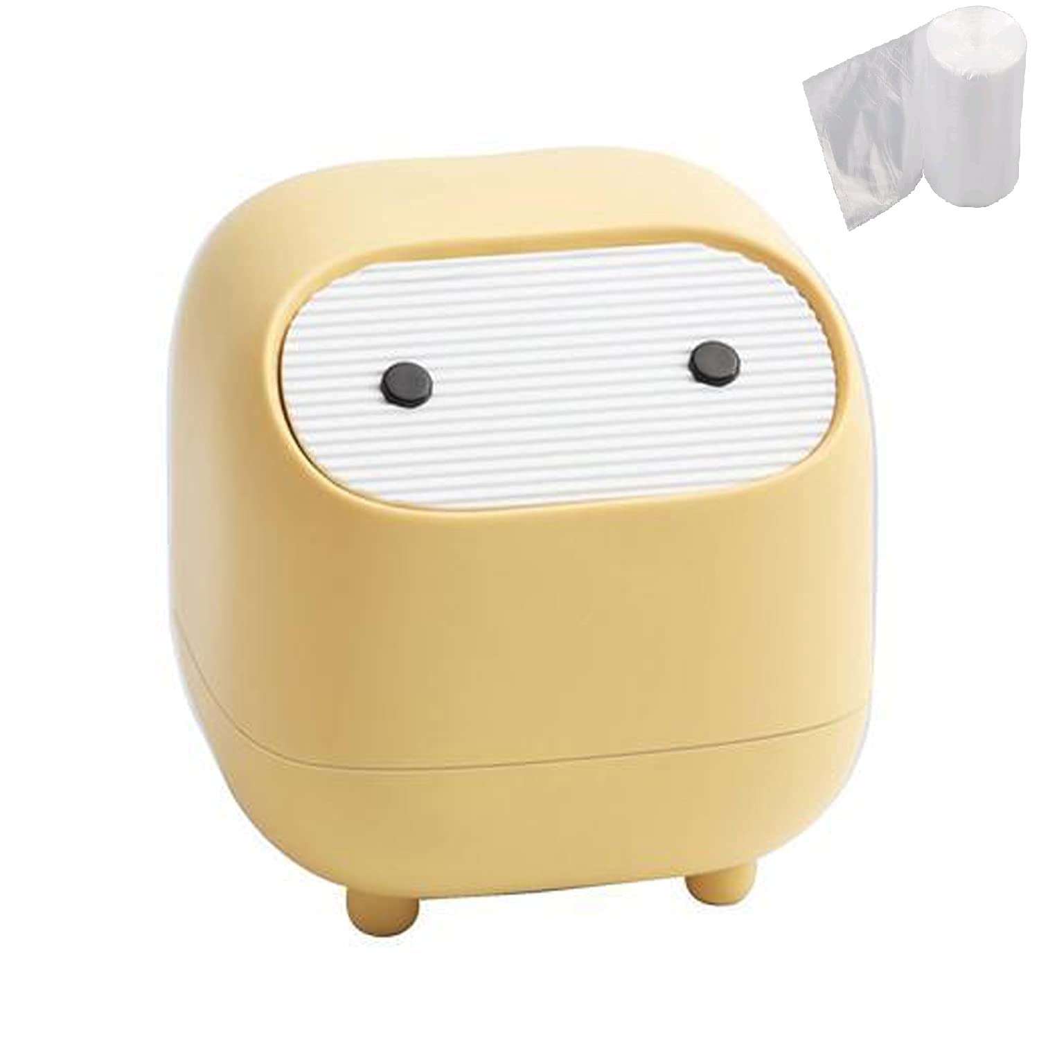 Small Waste Bin, Cute Ninja Press Desk Bin with Lid, Bedroom Bin, Dustbin for Home Bedroom Kitchen Car Office Trash Can (YELLOW)