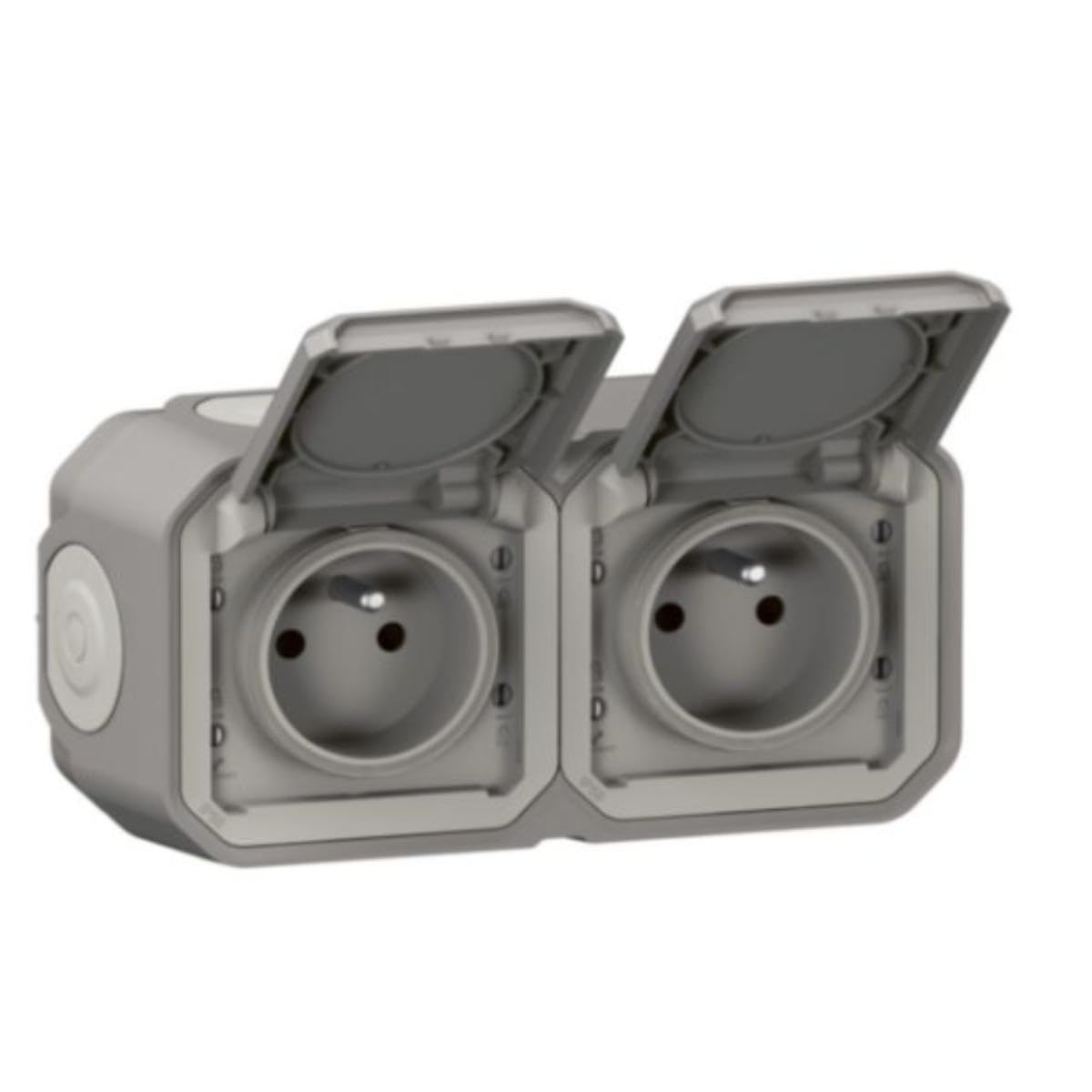 Legrand - Double socket with earthing contact, waterproof, pre-wired, with plexiglass surface, 16 A, 250 V, delivered complete for mounting in horizontal surface-mounting, grey