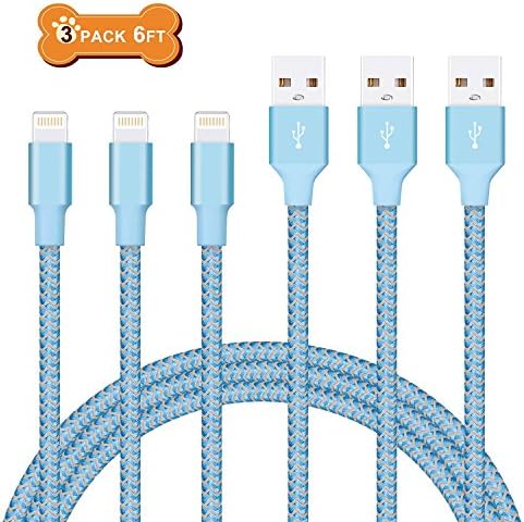 iPhone USB Cable 3Pcks 6FT Rywell Lighting Cord Reflect Light Nylon Braided Durable iPhone Charger Wire for iPhone X 8 8 Plus 7 7 Plus 6 6s 6 Plus 5 5s SE iPad iPod Mini and more Apple devices (Blue)