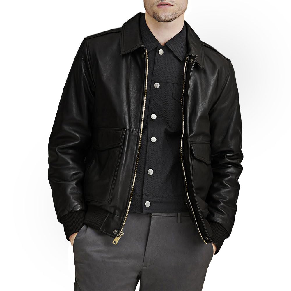Photo 1 of Men's Classic A2 Aviator WWII Flying Tiger Leather Jacket - Pilot Bomber Leather Jacket With Shirt Collar For Men (US, Alpha, XX-Large, Regular, Regular, Black)