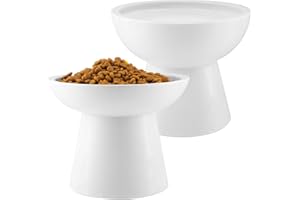LoeJan Elevated Cat Food and Water Bowls Set, Extra Wide and Raised Ceramic Cat Feeder, Anti-Vomit Whisker-Free Pressure Cat Feeding Bowl for Kittens Adult Cats Small Dogs (White, Bowl Set)