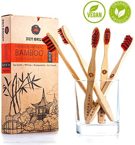 Zen Brush Bamboo Toothbrushes - Set of 5 with BPA Free Bristles for Teeth/Gums Cleaning. Biodegradable, Eco & Vegan Friendly with Ergonomic Design and Medium Bristles in 0% Waste Packaging