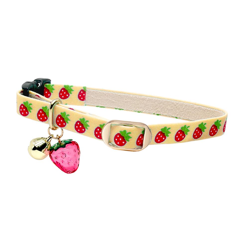 PetSoKoo Cute Cat Collar With Bell and Strawberry Charm.100% Cotton.Safety Breakaway Soft.For Girl Boy Male Female Kitten Collar