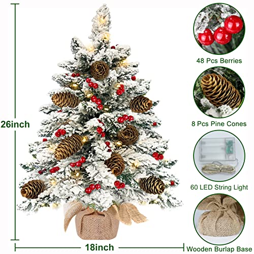 TURNMEON 26" Tabletop Christmas Tree with 60 Lights Timer, Snow Flocked