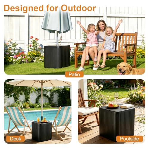 CHENG RONG 2-in-1 Umbrella Side Table – 16.54" Outdoor Patio Table with Fillable 15 Gal Water/Sand Base, Fits 1.5" Pole, UV Resistant for Pool, Deck, Garden (Black)