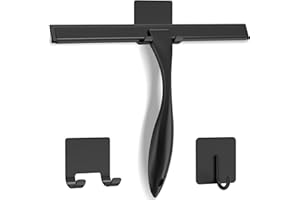 DOCROK All-Purpose Stainless Steel Shower Squeegee for Shower Doors with 2 Adhesive Hooks, Bathroom Cleaner Tool Household Window Mirror Squeegee for Home Cleaning, Glass Door, Tile Wall, Car, 10 Inch Black