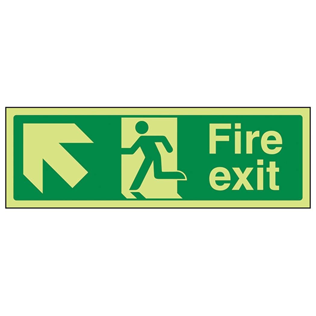 V Safety 14007AX-GS Glow In The Dark Fire Exit Arrow Up Left Sign - 300mm x 100mm - Self Adhesive Vinyl