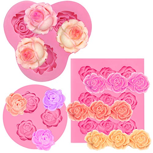 Funshowcase Mini Sizes Roses Flower Fondant Candy Silicone Mold for Sugarcraft Cake Decoration, Cupcake Topper, Polymer Clay, Soap Wax Making Decoration, Crafting Projects, 3 Count