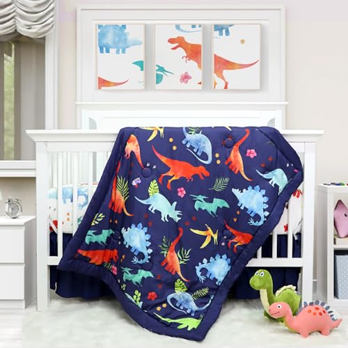 TANOFAR 4-Piece Baby Bedding Set for Boys - Dinosaur-Themed, Soft Comforter, Fitted Sheet, Crib Skirt, Diaper Stacker - Blue