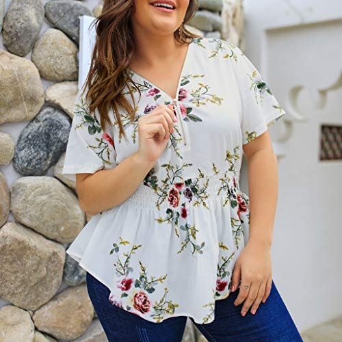 iYBUIA Women Plus Size Loose Short Sleeve Print Top Hem Layed Zipper V-Neck T Shirts Tops White