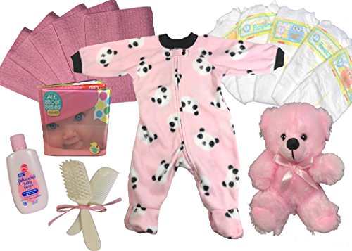 Baby Shower Gift Basket for a Girl - Panda 8 Piece Sleeper Newborn Gift Set