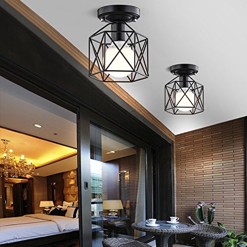 Vintage Ceiling Light, MKLOT Ecopower Industrial Style Square Semi Flush Mount Ceiling Lighting Lamp Fixture 5.91" Wide with Cage in Black