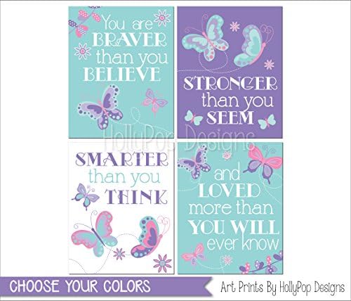 Butterfly nursery art You are braver Girls room decor Purple aqua wall prints Baby girl nursery art Nursery art prints - SET OF 4 UNFRAMED ART PRINTS