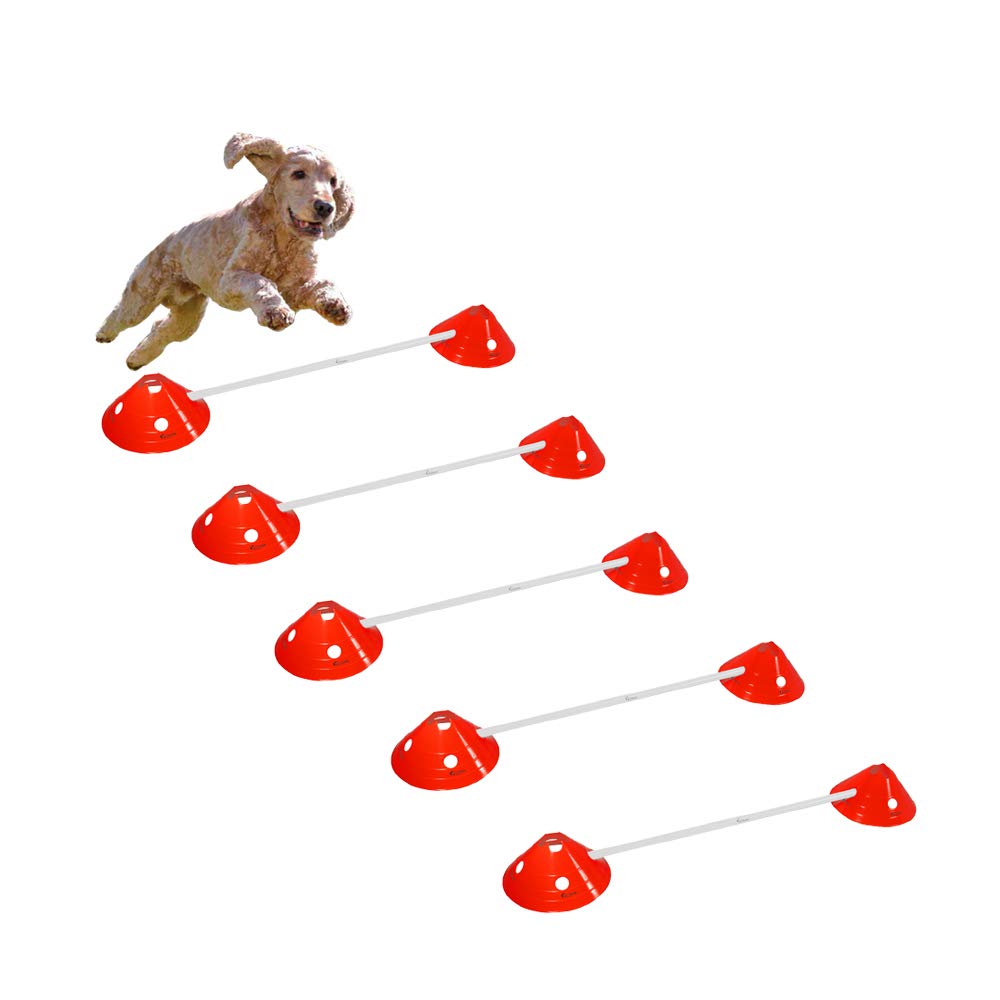 Kosma Pack of 25 Pc Multi-functional and Adjustable Agility Hurdle set – 10 Pc Red Marker Cone (12" x 7.5") with 5 Pc White Hurdle poles 100 cm length – In carry bag with 10 Pc Mini Marker Cone Free