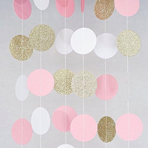 2 Sets of BCopter 6.5 Ft Party Decoration Favor Circle Dots Paper Garland Backdrop Hanging Décor Pink Cream Glitter Gold Baby Shower Birthday