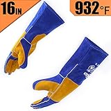 RAPICCA Leather Forge Welding Gloves Heat/Fire Resistant, Mitts for Oven/Grill/Fireplace/Furnace/Stove/Pot Holder/Tig Welder/Mig/BBQ/Animal handling glove with 16 inches Extra Long Sleeve – Blue
